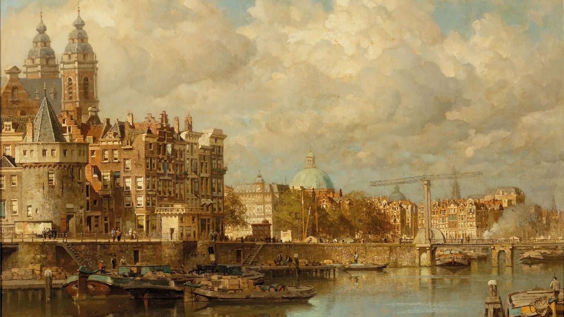 A view of the Prins Hendrikkade with the St Nicolaas Church, he Schreierstoren and the Lutherian church, Amsterdam | 
Johannes Christiaan Karel Klinkenberg (Dutch, 1852-1924)